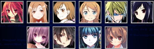 Da esquerda para direita: Shana (Shakugan no Shana), Asuna (Sword Art Online), Mikoto (A Certain Magical Index), Kirino (Oreimo), Shizuo (Durarara!!), Kuroyukihime (Accel World), Tomoka (Ro-Kyu-Bu!), Kirito (Sword Art Online), Miyuki (The Irregular at Magic High School) e Taiga (Toradora!).